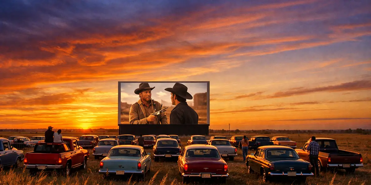Nebraska sunset over an open drive-in theater field